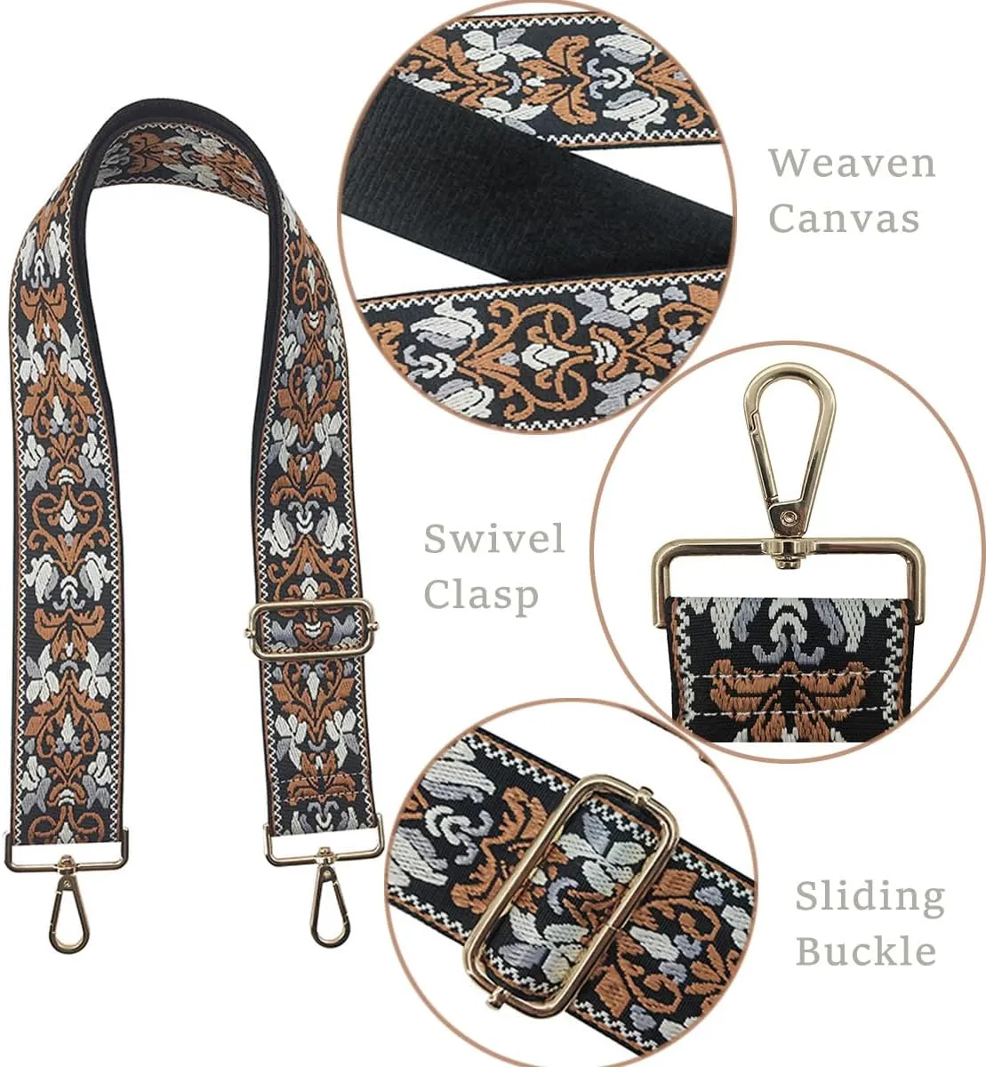 Damask Pattern Adjustable Bag Strap Replacement 2inch Wide Jacquard Belt for Purse Shoulder Guitar Camera Luggage Bags (Grey)