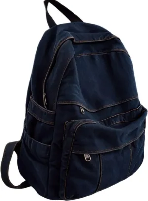 Dark Wash Denim Jean Backpack for Women & Men Retro Aesthetic Rucksack Basic Backpack for High School/College Students Travel Laptop Bag