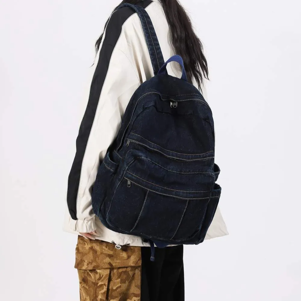 Dark Wash Denim Jean Backpack for Women & Men Retro Aesthetic Rucksack Basic Backpack for High School/College Students Travel Laptop Bag