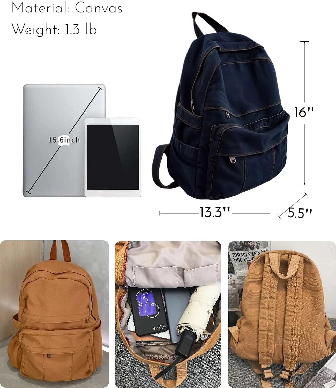 Dark Wash Denim Jean Backpack for Women & Men Retro Aesthetic Rucksack Basic Backpack for High School/College Students Travel Laptop Bag