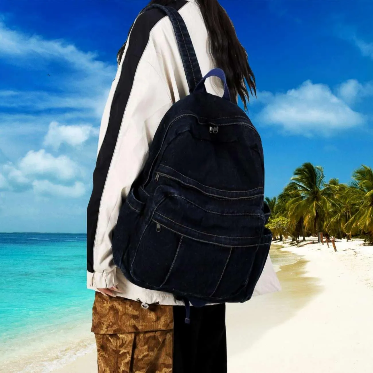 Dark Wash Denim Jean Backpack for Women & Men Retro Aesthetic Rucksack Basic Backpack for High School/College Students Travel Laptop Bag