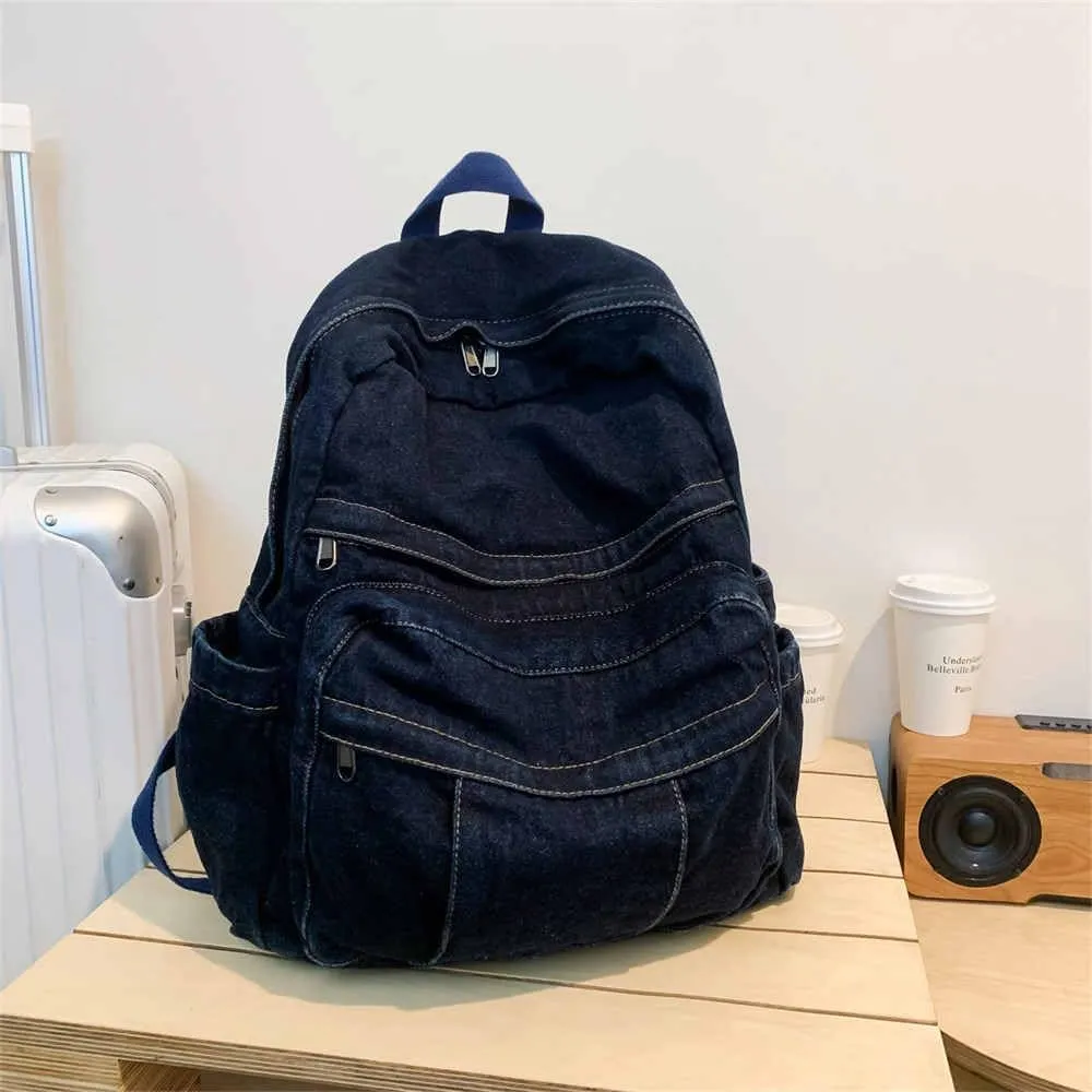 Dark Wash Denim Jean Backpack for Women & Men Retro Aesthetic Rucksack Basic Backpack for High School/College Students Travel Laptop Bag