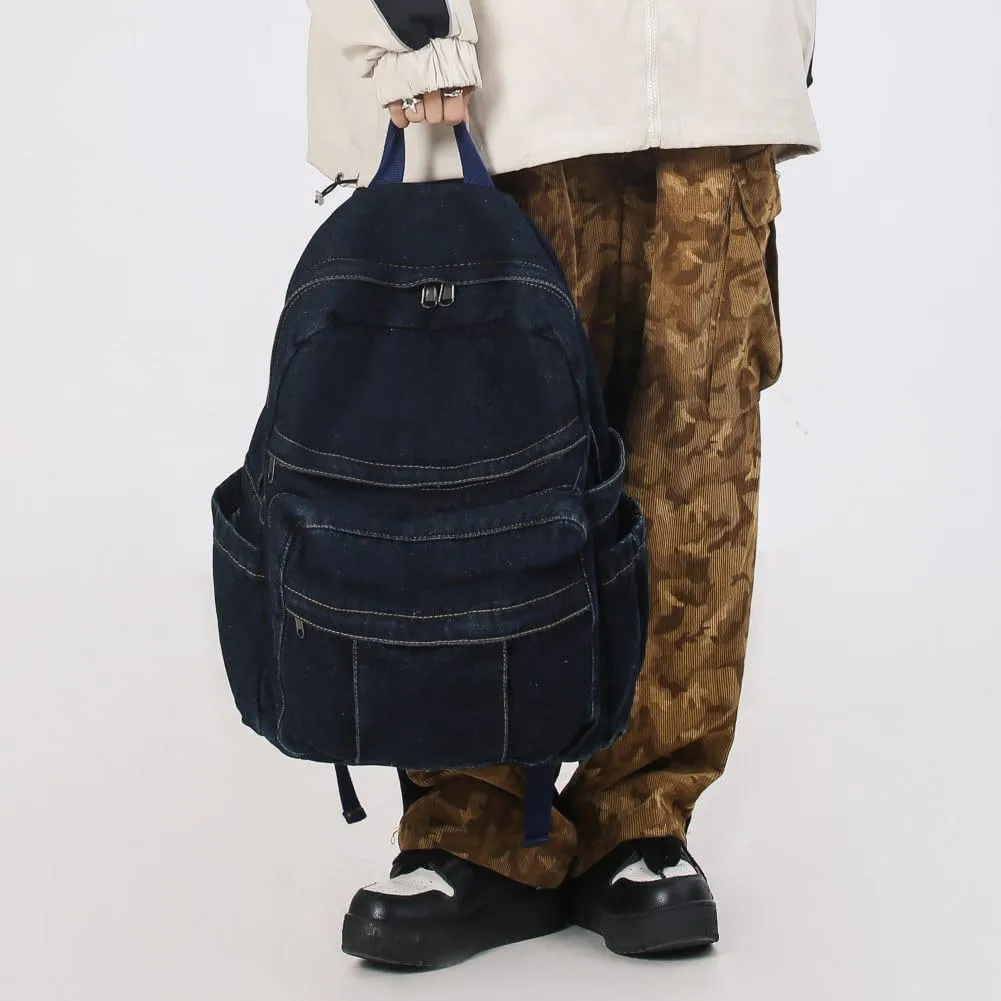 Dark Wash Denim Jean Backpack for Women & Men Retro Aesthetic Rucksack Basic Backpack for High School/College Students Travel Laptop Bag