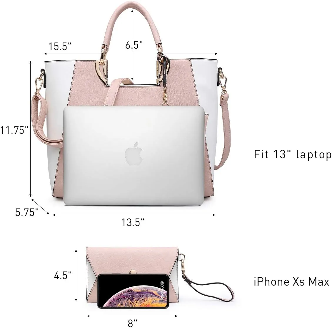 Dasein Women Two Tone Handbag Purse Top Handle Shoulder Bag Tote Hobo Work Bag w/Matching Clutch