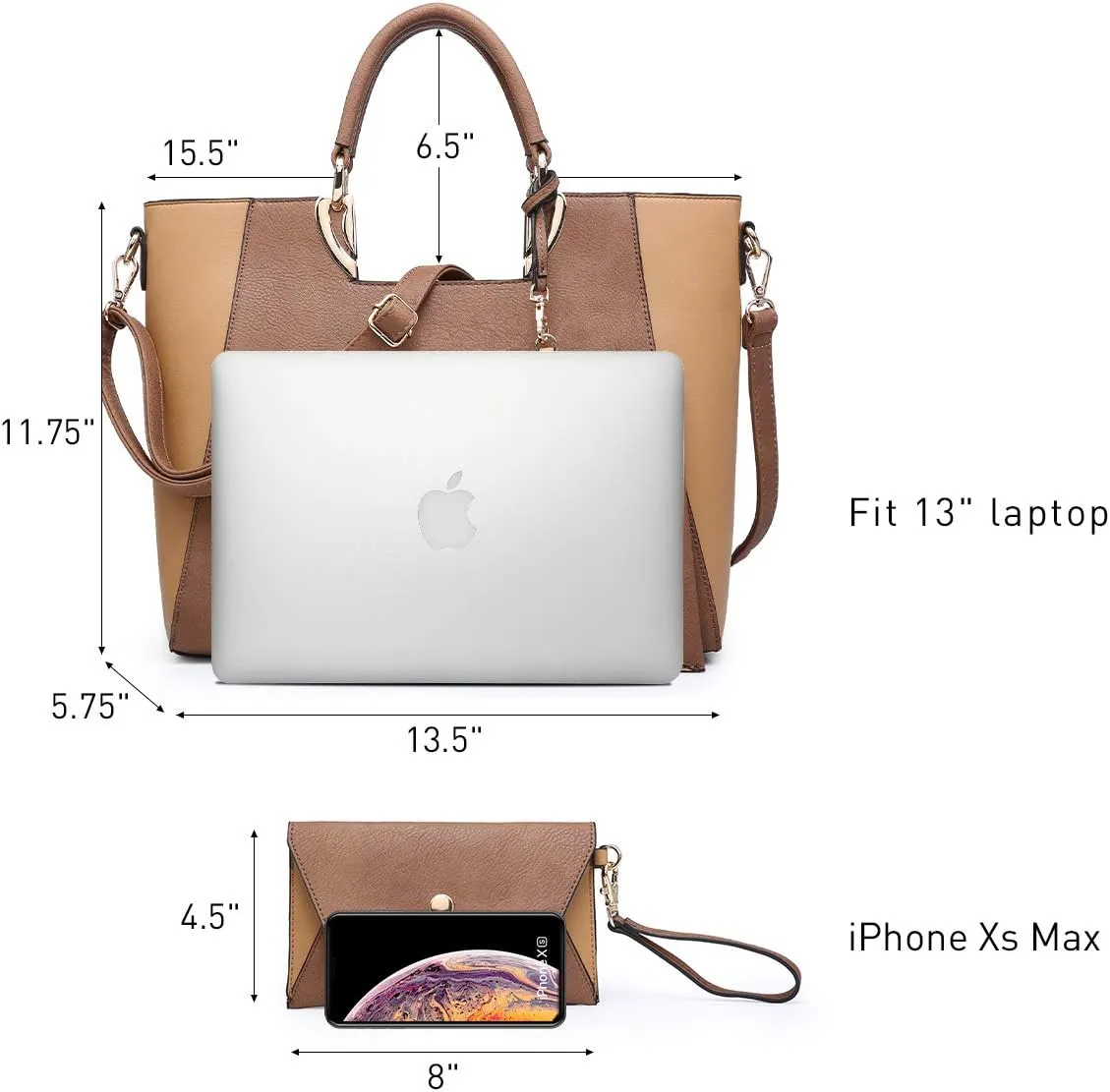 Dasein Women Two Tone Handbag Purse Top Handle Shoulder Bag Tote Hobo Work Bag w/Matching Clutch