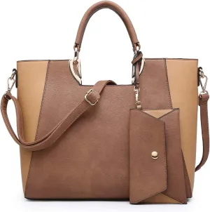 Dasein Women Two Tone Handbag Purse Top Handle Shoulder Bag Tote Hobo Work Bag w/Matching Clutch