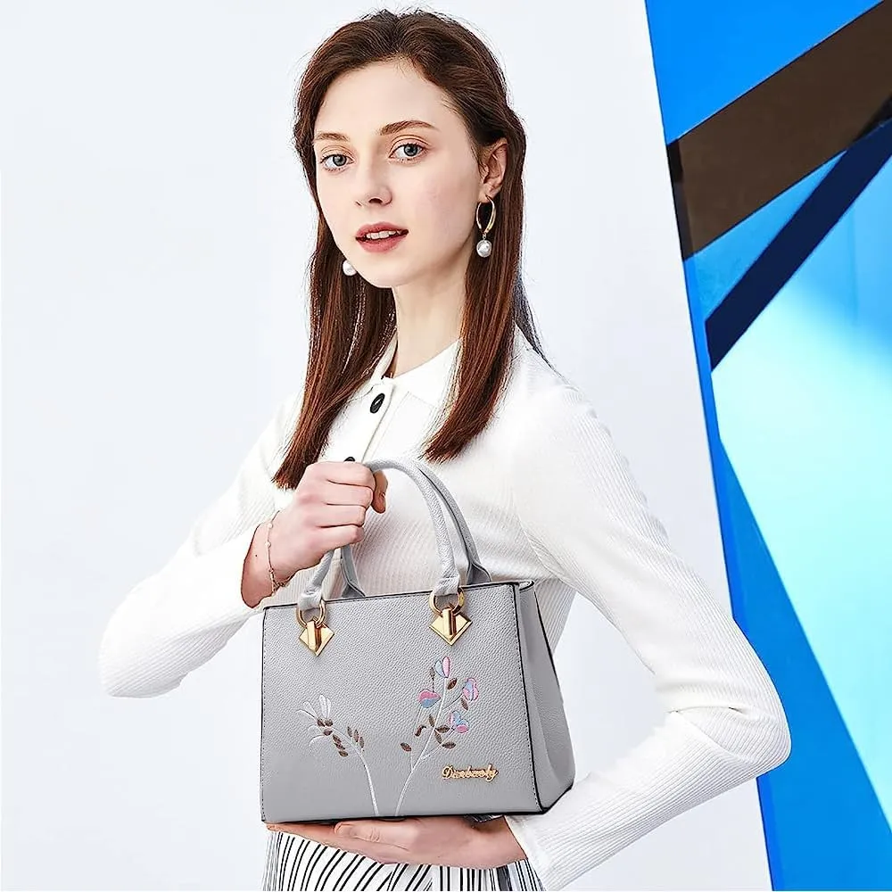 Dayfine Women Top Handle Purse Satchel Bag Faux Leather Handbag Embroidery Floral Bag Shoulder Bag Crossbody Bag Medium Tote