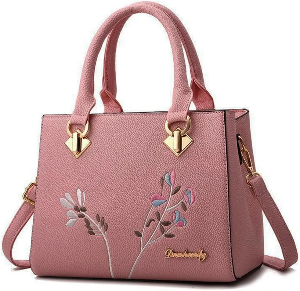 Dayfine Women Top Handle Purse Satchel Bag Faux Leather Handbag Embroidery Floral Bag Shoulder Bag Crossbody Bag Medium Tote