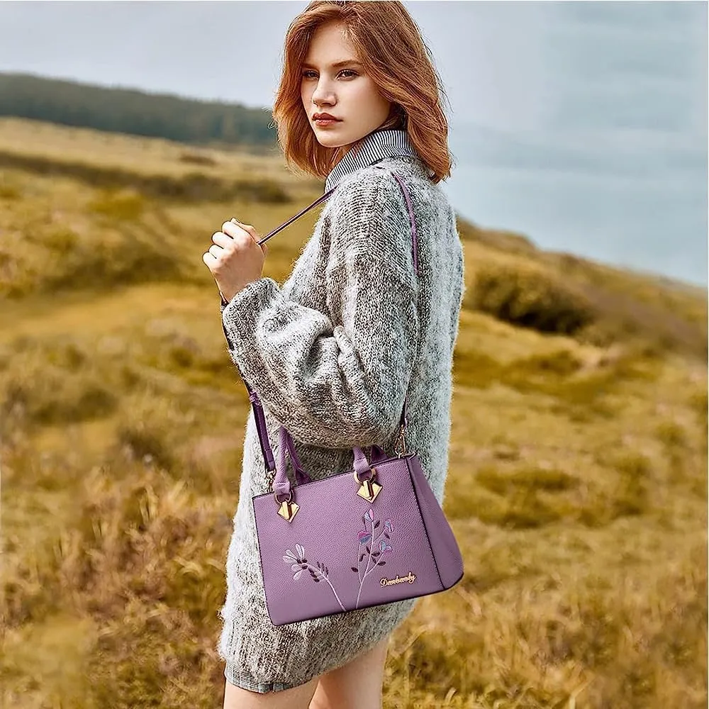 Dayfine Women Top Handle Purse Satchel Bag Faux Leather Handbag Embroidery Floral Bag Shoulder Bag Crossbody Bag Medium Tote