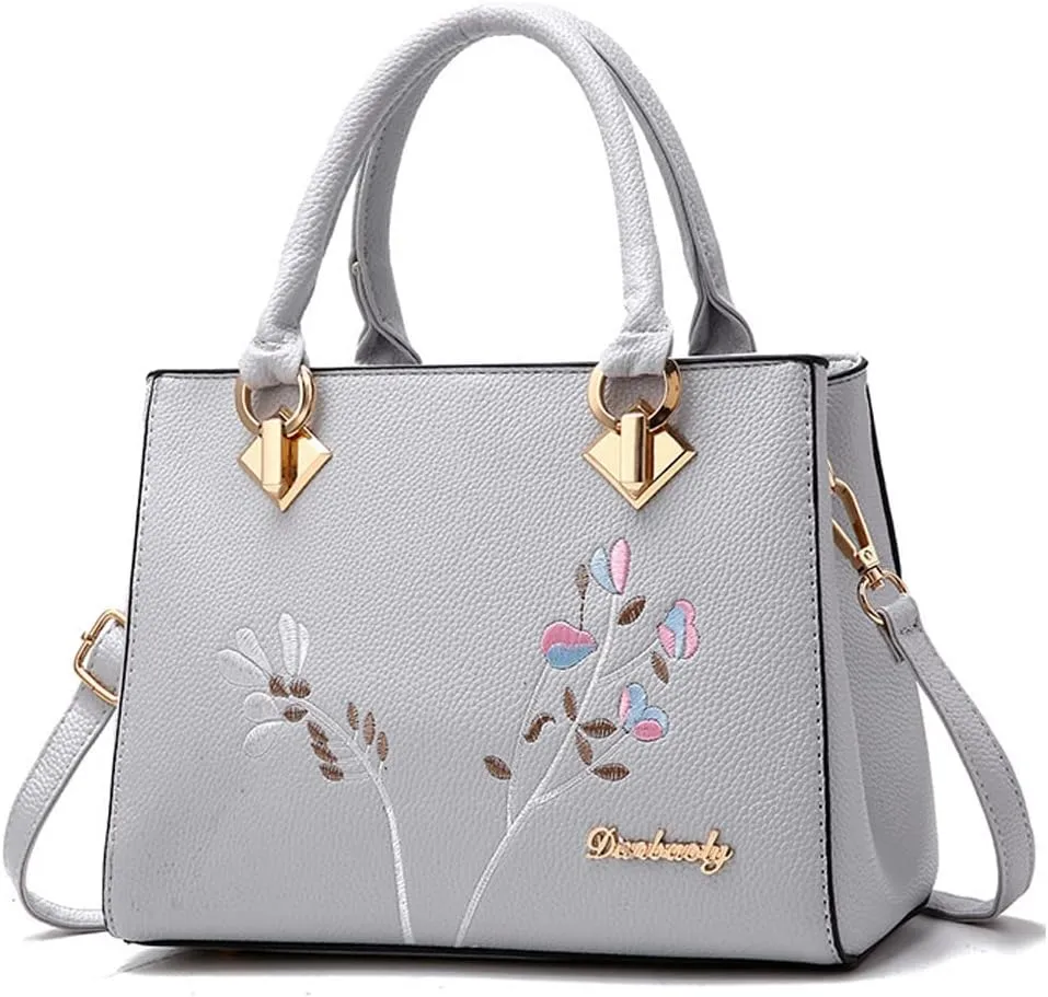 Dayfine Women Top Handle Purse Satchel Bag Faux Leather Handbag Embroidery Floral Bag Shoulder Bag Crossbody Bag Medium Tote