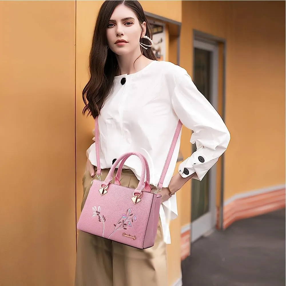 Dayfine Women Top Handle Purse Satchel Bag Faux Leather Handbag Embroidery Floral Bag Shoulder Bag Crossbody Bag Medium Tote