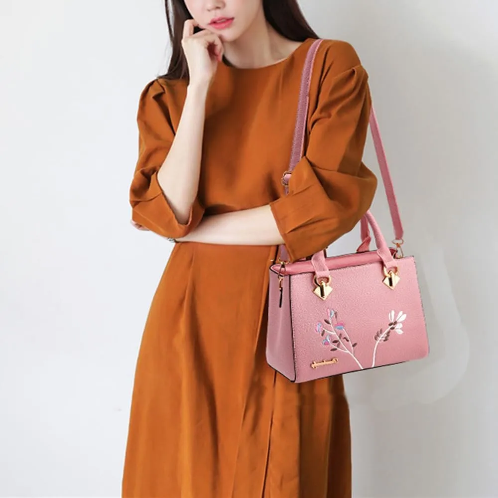 Dayfine Women Top Handle Purse Satchel Bag Faux Leather Handbag Embroidery Floral Bag Shoulder Bag Crossbody Bag Medium Tote