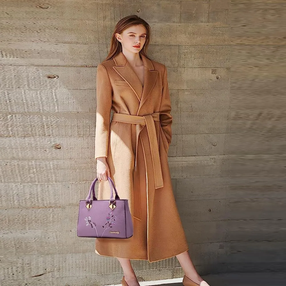 Dayfine Women Top Handle Purse Satchel Bag Faux Leather Handbag Embroidery Floral Bag Shoulder Bag Crossbody Bag Medium Tote