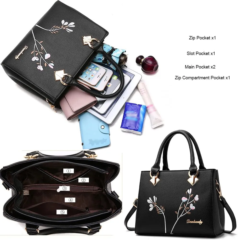 Dayfine Women Top Handle Purse Satchel Bag Faux Leather Handbag Embroidery Floral Bag Shoulder Bag Crossbody Bag Medium Tote