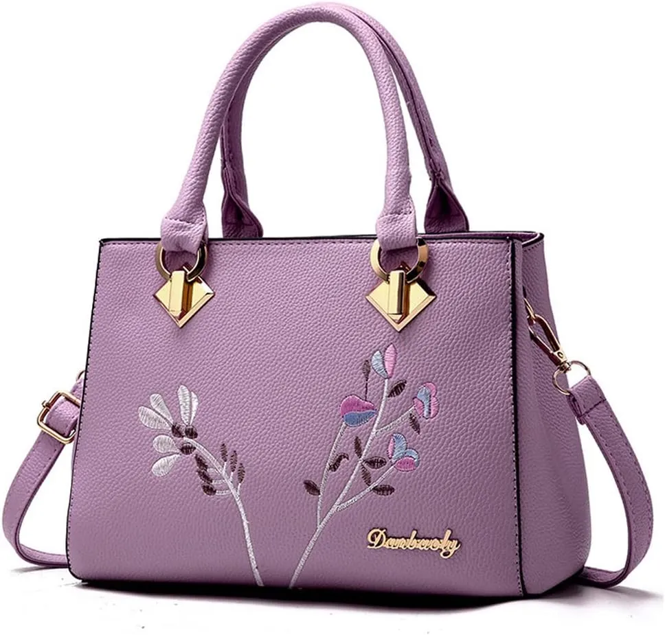 Dayfine Women Top Handle Purse Satchel Bag Faux Leather Handbag Embroidery Floral Bag Shoulder Bag Crossbody Bag Medium Tote