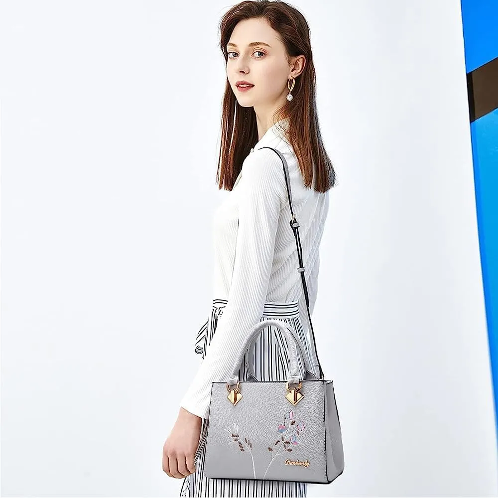 Dayfine Women Top Handle Purse Satchel Bag Faux Leather Handbag Embroidery Floral Bag Shoulder Bag Crossbody Bag Medium Tote
