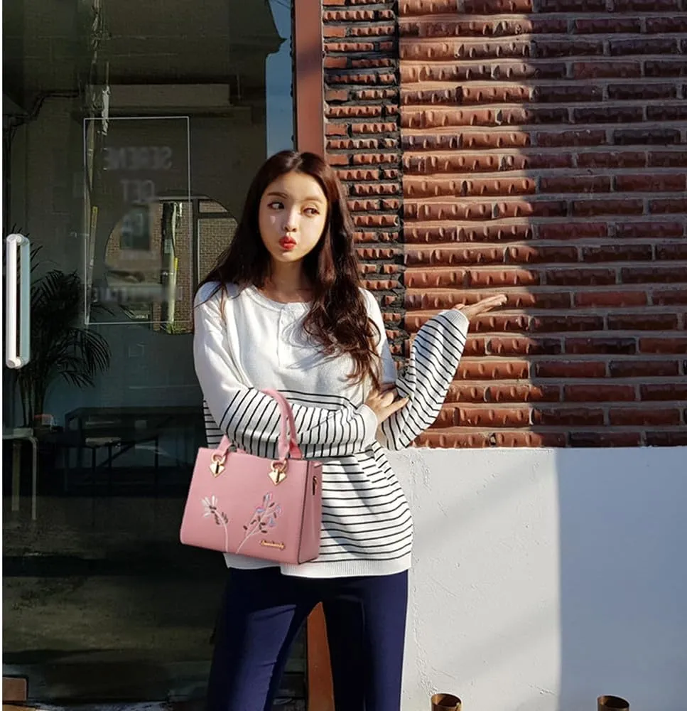 Dayfine Women Top Handle Purse Satchel Bag Faux Leather Handbag Embroidery Floral Bag Shoulder Bag Crossbody Bag Medium Tote