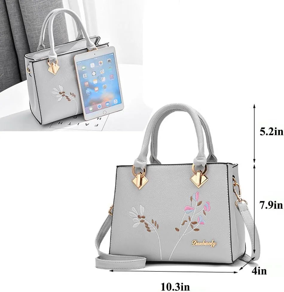 Dayfine Women Top Handle Purse Satchel Bag Faux Leather Handbag Embroidery Floral Bag Shoulder Bag Crossbody Bag Medium Tote