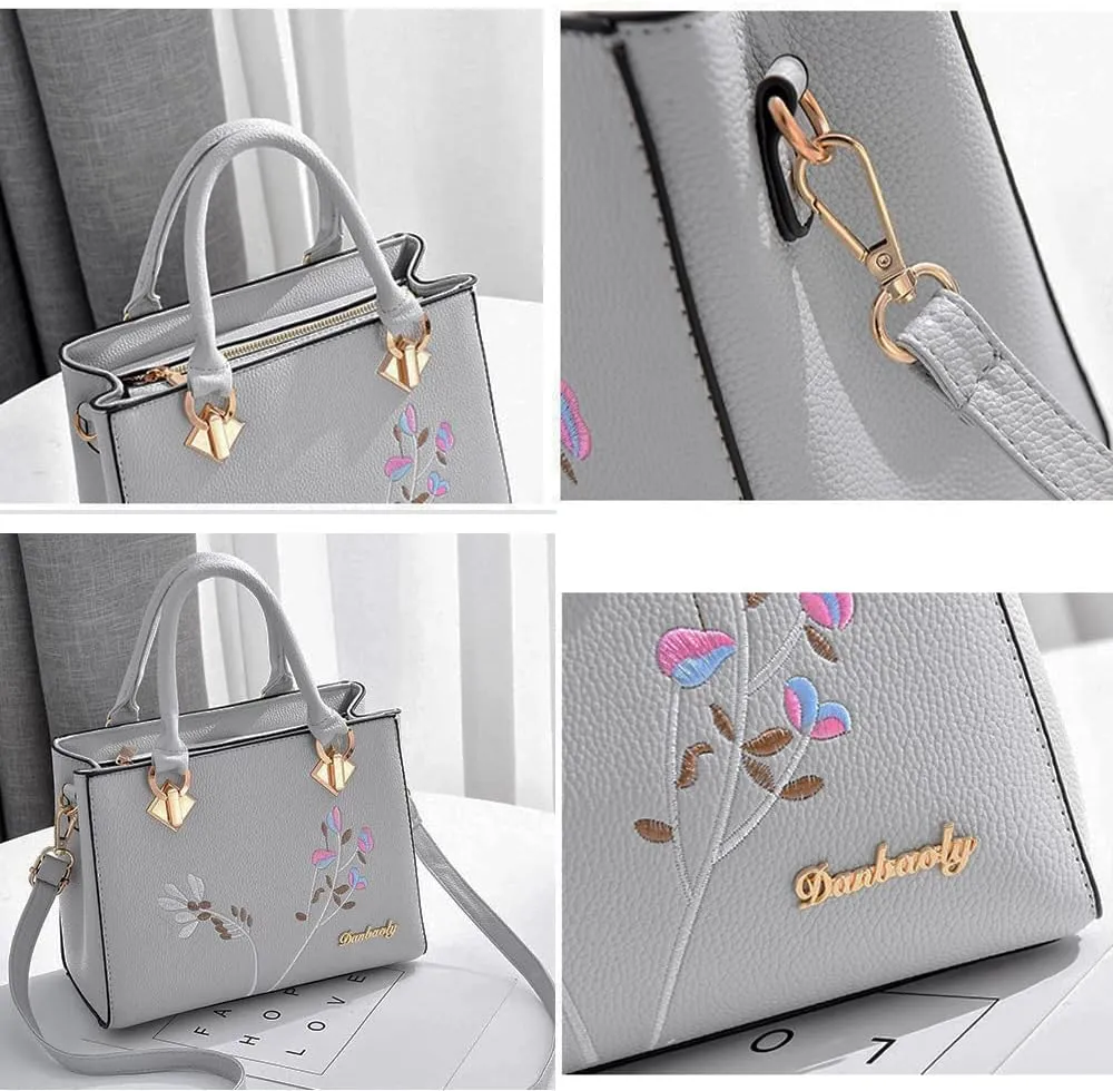 Dayfine Women Top Handle Purse Satchel Bag Faux Leather Handbag Embroidery Floral Bag Shoulder Bag Crossbody Bag Medium Tote