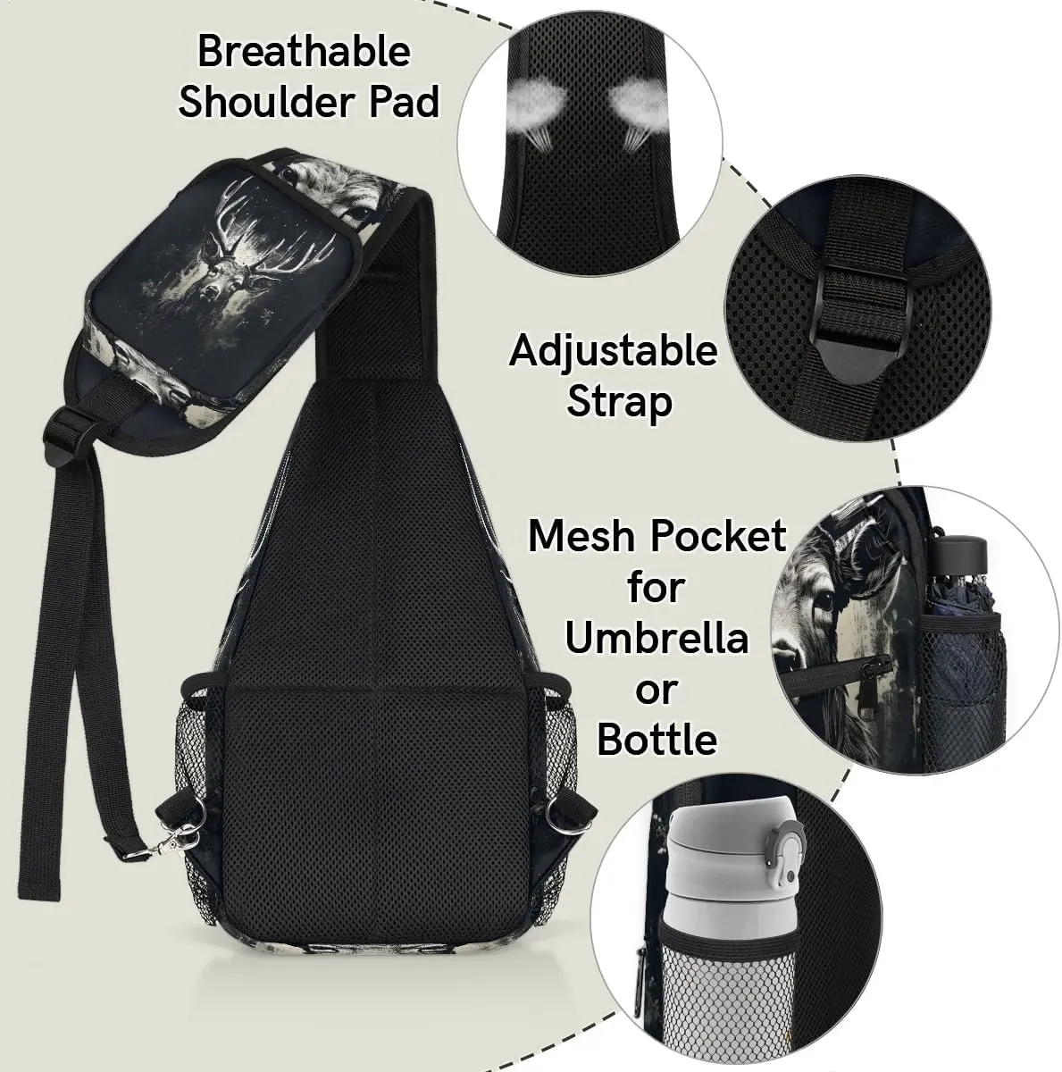Deer Animals Cute Sling Bag for Women Men, Waterproof Crossbody Sling Backpack Travel Outdoor Sports Chest Bag