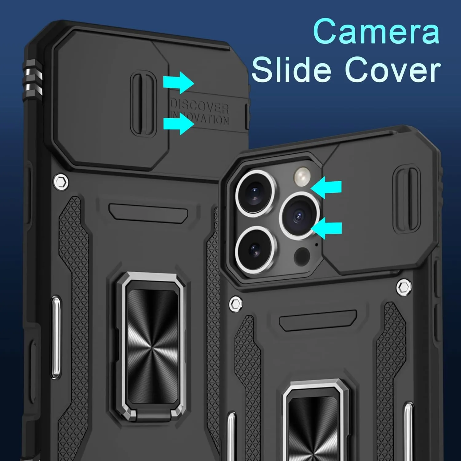 DEERLAMN Case for iPhone 16 Pro with Slide Camera Cover Screen Protector(2 Packs), Rotated Ring Kickstand Military Grade Shockproof Protective Cover-Black