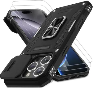 DEERLAMN Case for iPhone 16 Pro with Slide Camera Cover Screen Protector(2 Packs), Rotated Ring Kickstand Military Grade Shockproof Protective Cover-Black