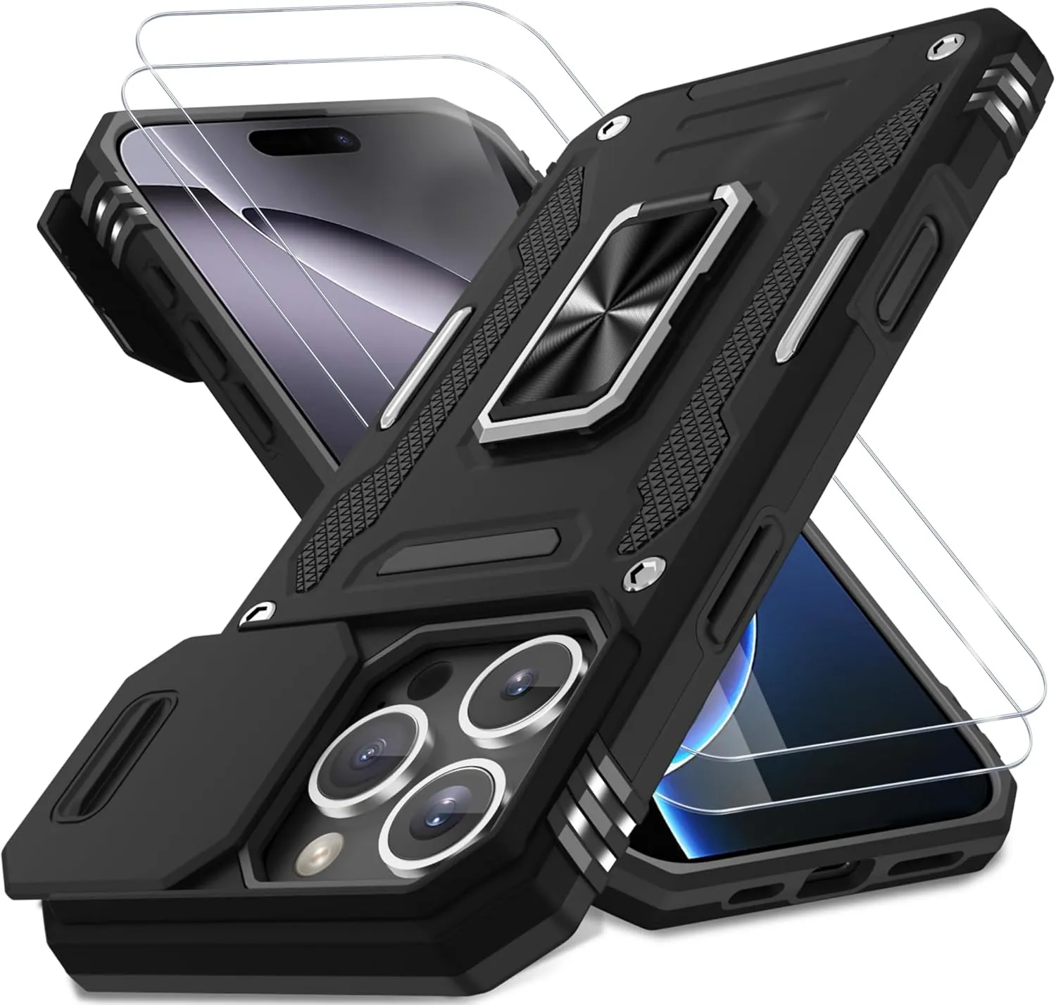 DEERLAMN Case for iPhone 16 Pro with Slide Camera Cover Screen Protector(2 Packs), Rotated Ring Kickstand Military Grade Shockproof Protective Cover-Black