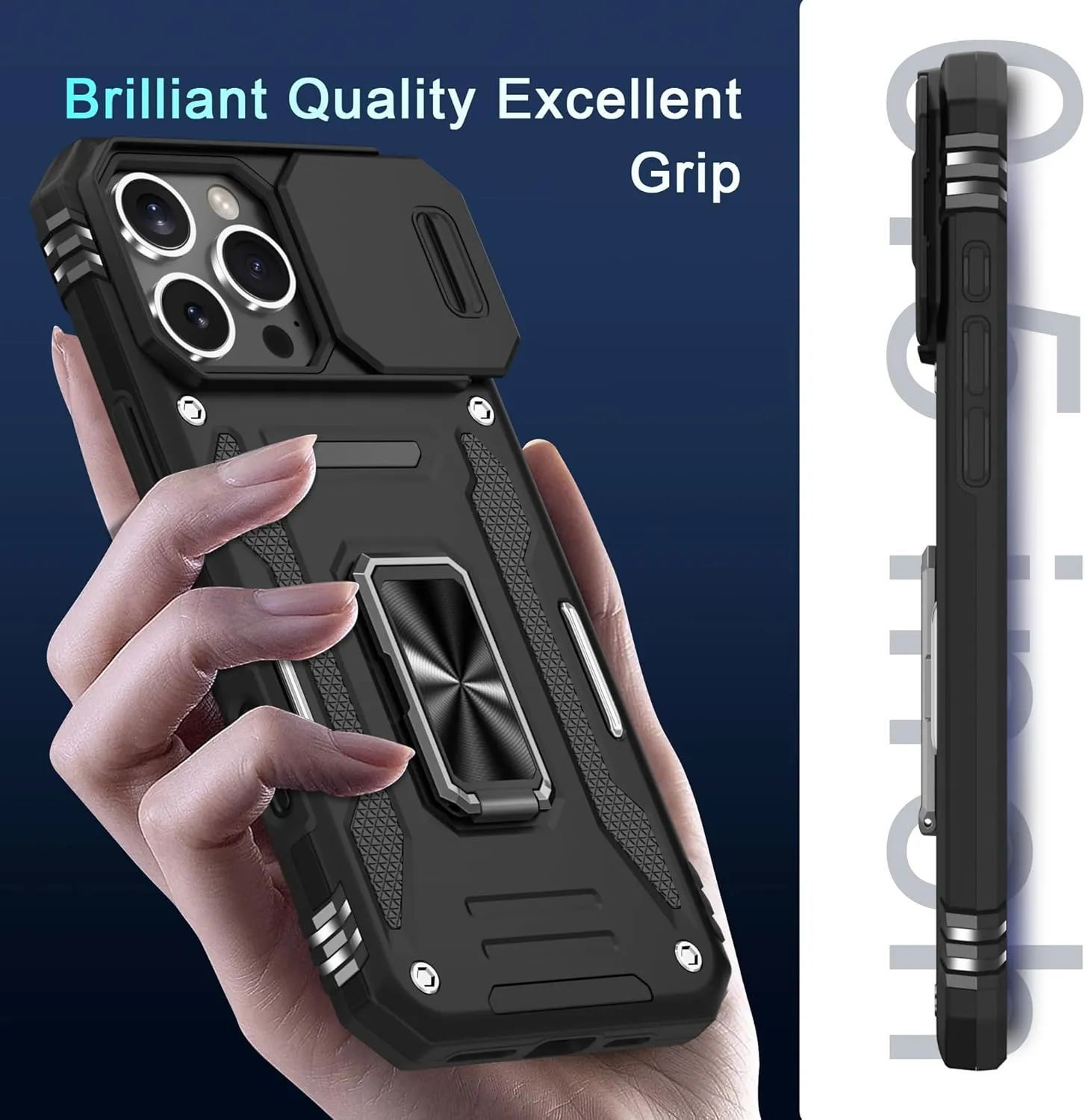 DEERLAMN Case for iPhone 16 Pro with Slide Camera Cover Screen Protector(2 Packs), Rotated Ring Kickstand Military Grade Shockproof Protective Cover-Black