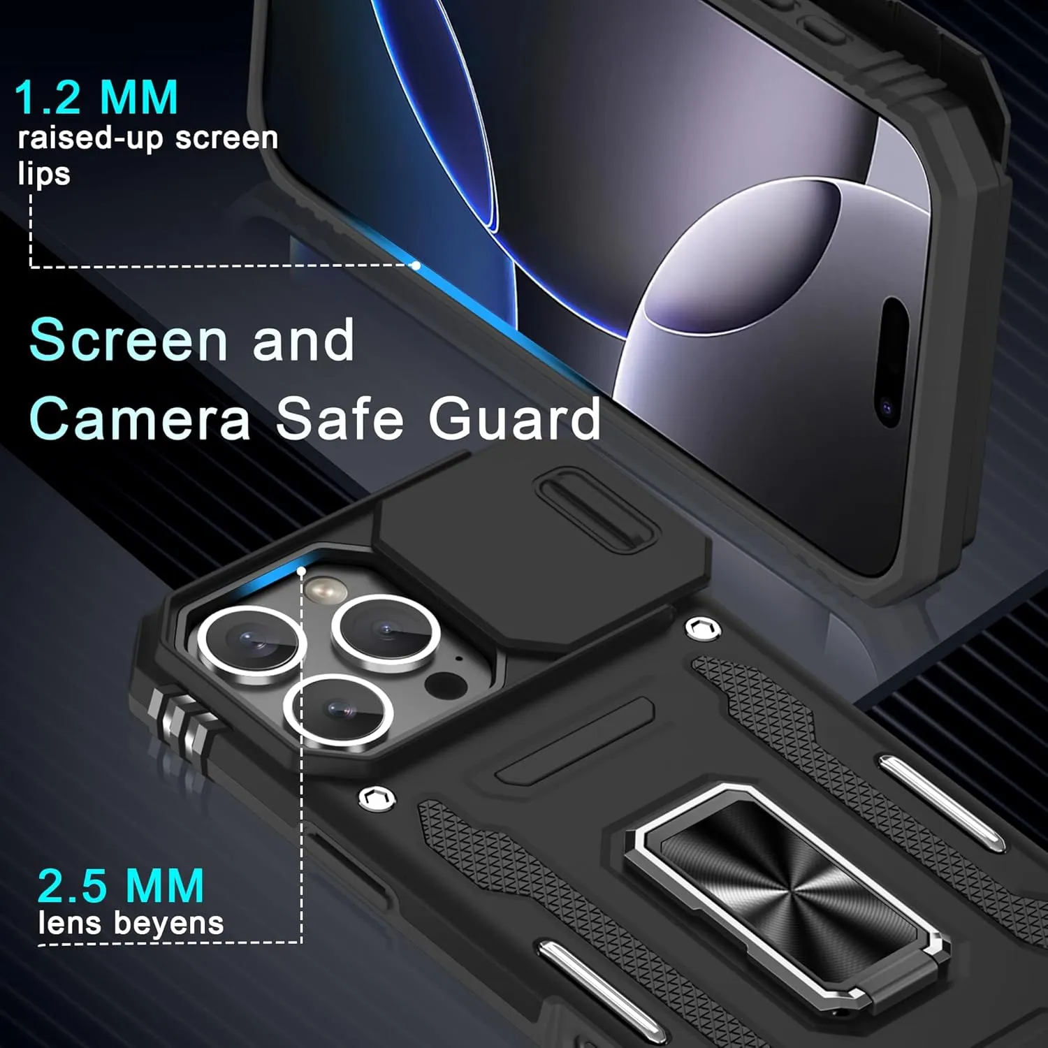 DEERLAMN Case for iPhone 16 Pro with Slide Camera Cover Screen Protector(2 Packs), Rotated Ring Kickstand Military Grade Shockproof Protective Cover-Black