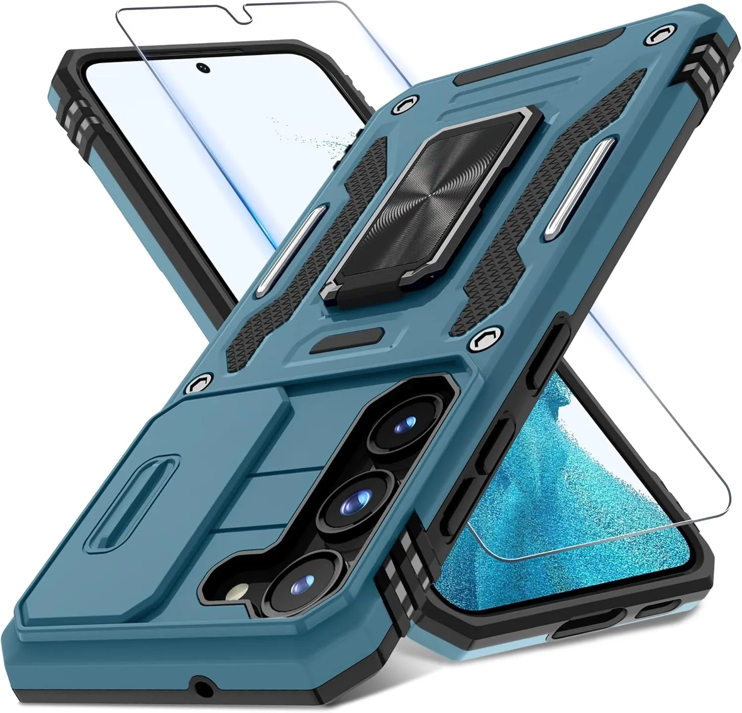 DEERLAMN Case for Samsung Galaxy S22 with Slide Camera Cover Screen Protector(1 Pack),Rotated Ring Kickstand Military Grade Shockproof Protective Cover-Light Blue