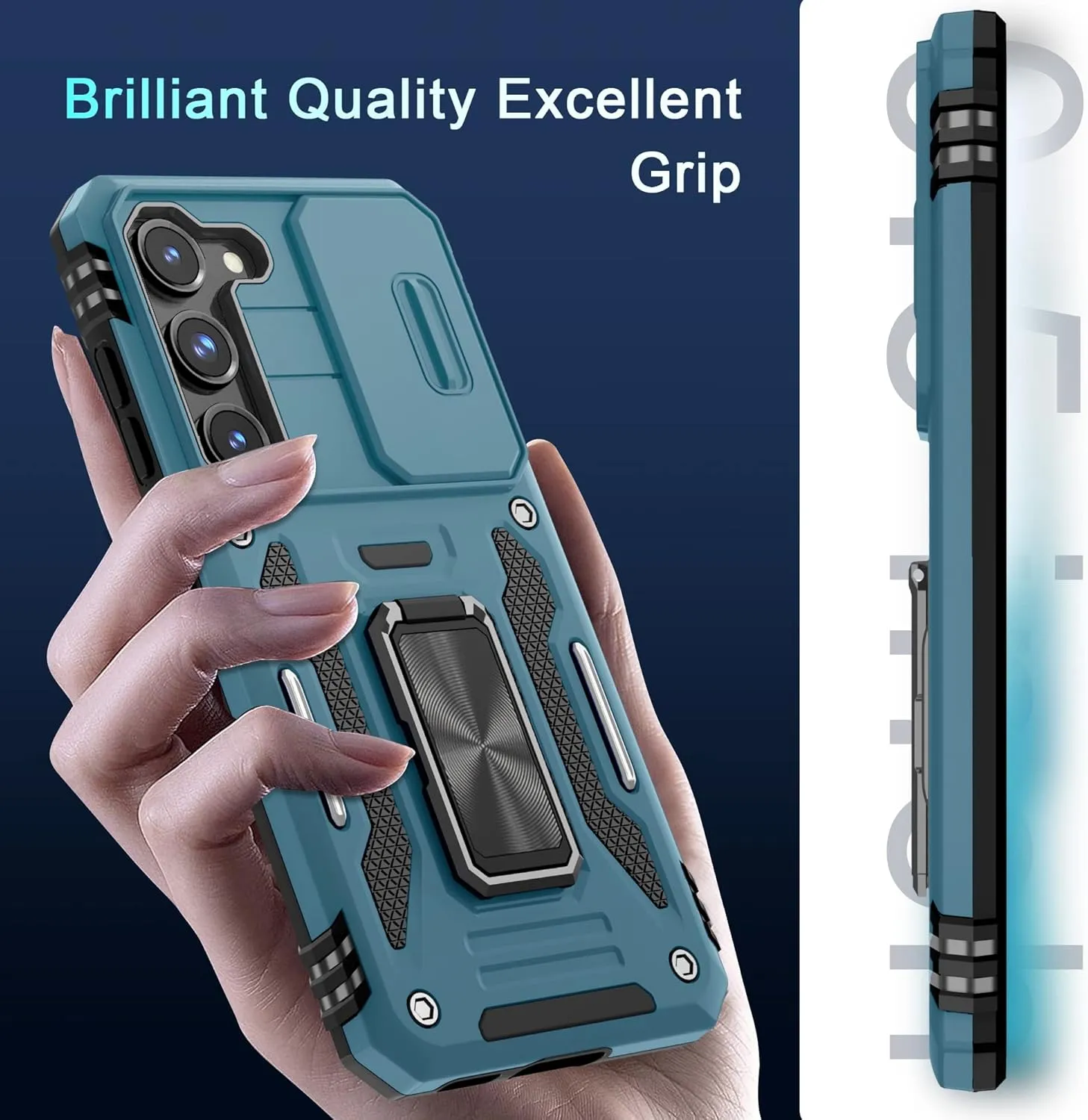DEERLAMN Case for Samsung Galaxy S22 with Slide Camera Cover Screen Protector(1 Pack),Rotated Ring Kickstand Military Grade Shockproof Protective Cover-Light Blue