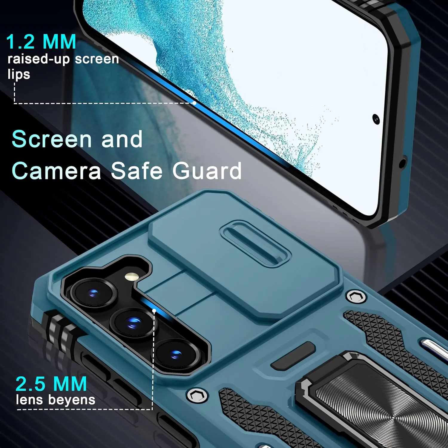 DEERLAMN Case for Samsung Galaxy S22 with Slide Camera Cover Screen Protector(1 Pack),Rotated Ring Kickstand Military Grade Shockproof Protective Cover-Light Blue