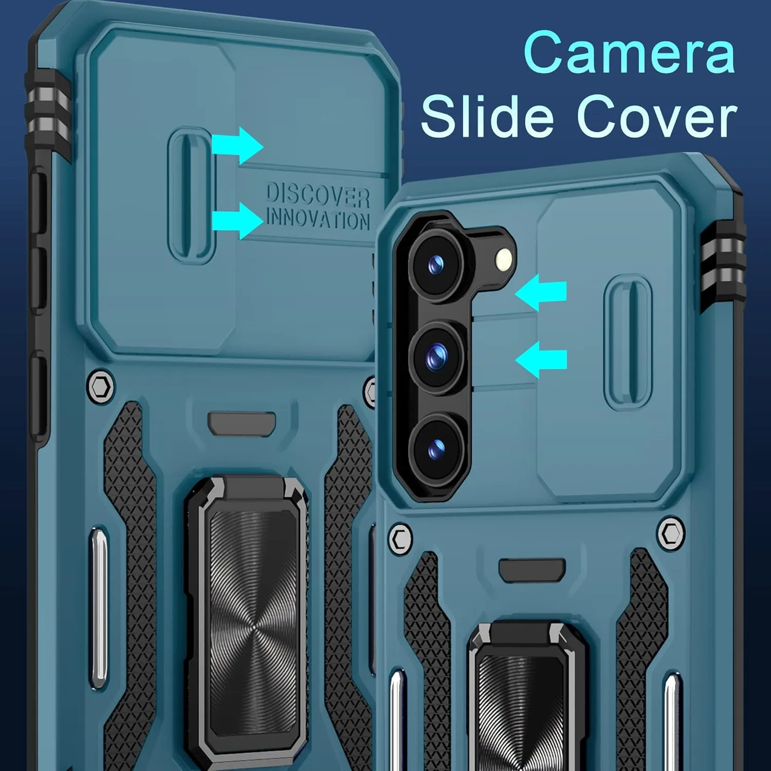 DEERLAMN Case for Samsung Galaxy S22 with Slide Camera Cover Screen Protector(1 Pack),Rotated Ring Kickstand Military Grade Shockproof Protective Cover-Light Blue