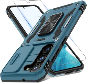DEERLAMN Case for Samsung Galaxy S22 with Slide Camera Cover Screen Protector(1 Pack),Rotated Ring Kickstand Military Grade Shockproof Protective Cover-Light Blue