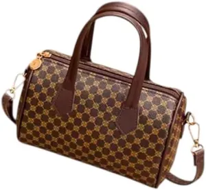 Designer Monogram Handbag, Boston Style Satchel with Shoulder Strap, Brown and Gold Pattern/Black and Golden Pattern