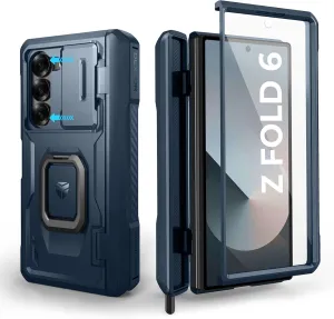 Dexnor for Samsung Galaxy Z Fold 6 Case with Ring Stand & S Pen Holder & Slide Camera Cover & Hinge Protection & Screen Protector,Heavy Duty Bumper Rugged Case Cover for Z Fold 6(2024),Navy Blue