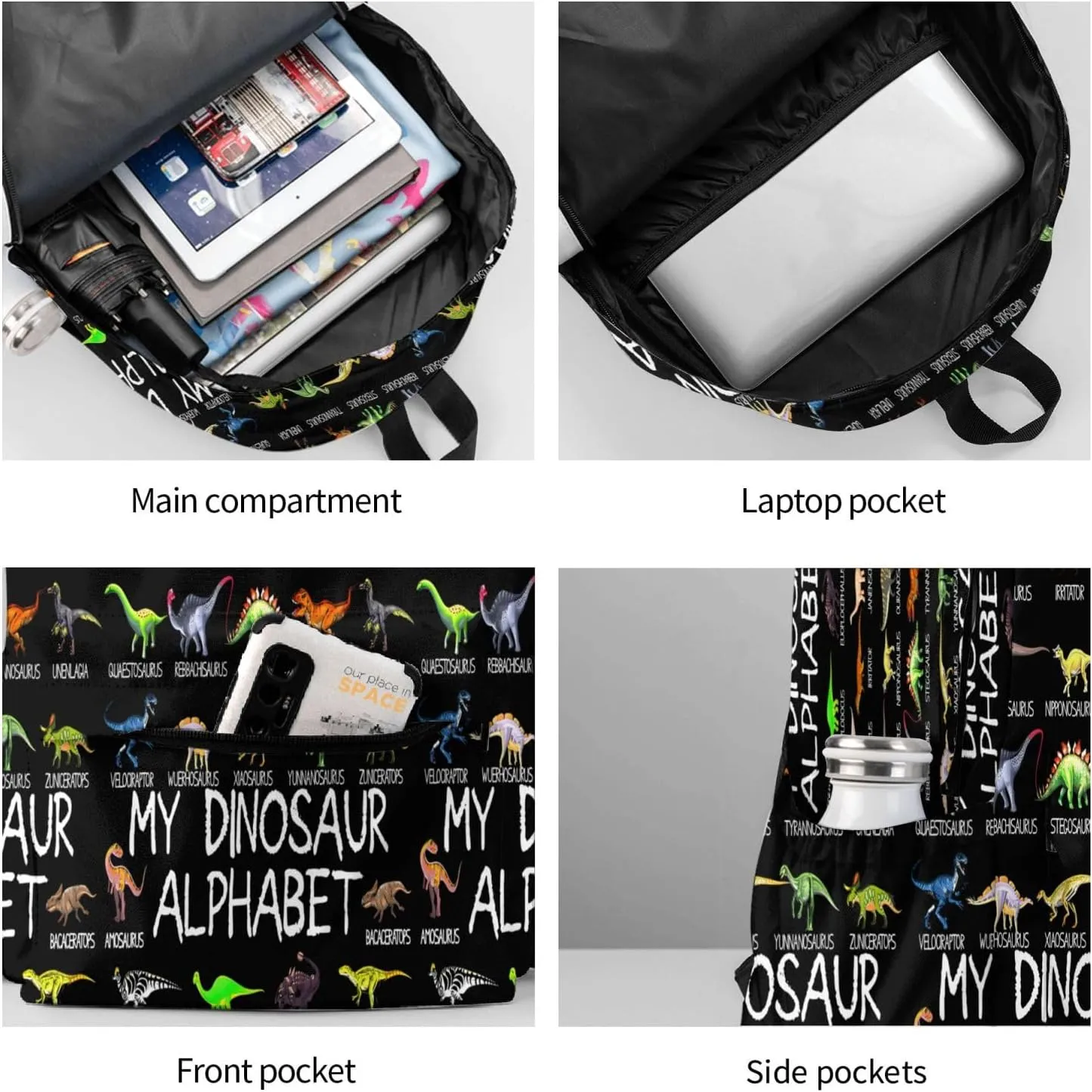 Dinosaur Alphabet Dino Abc Laptop Backpack Shoulder Bag Laptop Pack Travel Backpacks Commuter Back Pack Casual Daypack Bags With Side Pockets