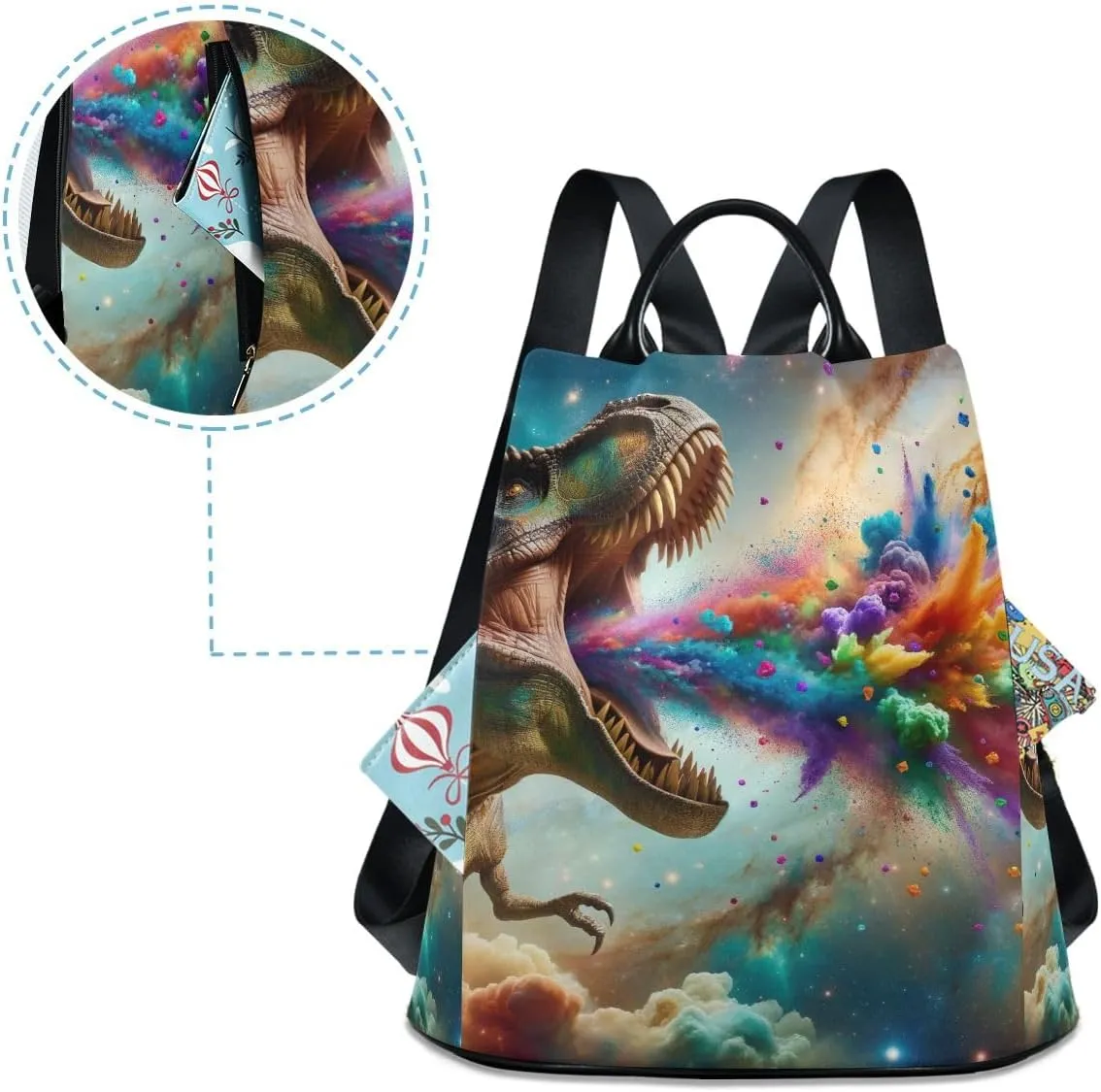 Dinosaur Spews Colored Smoke Backpack Purse for Women Rucksack Anti Theft Handbag with Pompom Travel Bag
