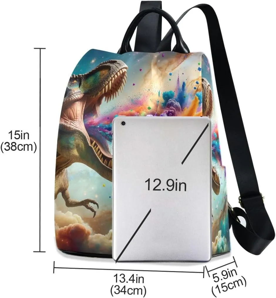 Dinosaur Spews Colored Smoke Backpack Purse for Women Rucksack Anti Theft Handbag with Pompom Travel Bag