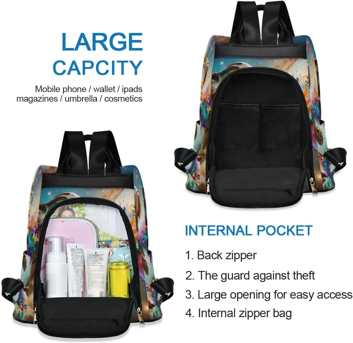 Dinosaur Spews Colored Smoke Backpack Purse for Women Rucksack Anti Theft Handbag with Pompom Travel Bag