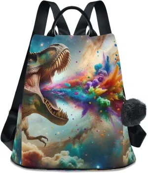 Dinosaur Spews Colored Smoke Backpack Purse for Women Rucksack Anti Theft Handbag with Pompom Travel Bag