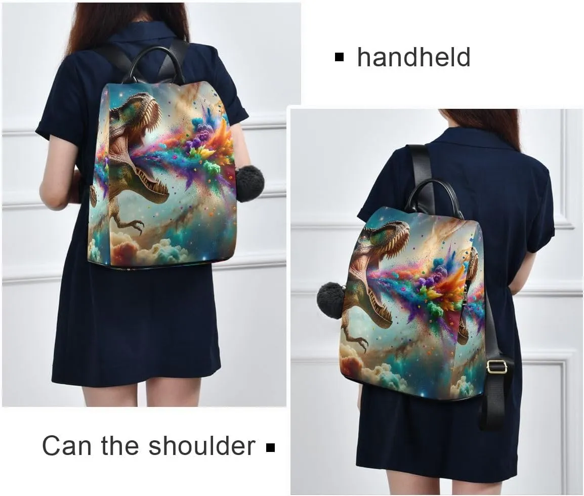 Dinosaur Spews Colored Smoke Backpack Purse for Women Rucksack Anti Theft Handbag with Pompom Travel Bag