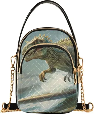 Dinosaur Surfing Sling Bag for Women, Small Shoulder Bag Crossbody Bag Purse with Chain Strap Top handle 5.91×3.15×8.27 Inches