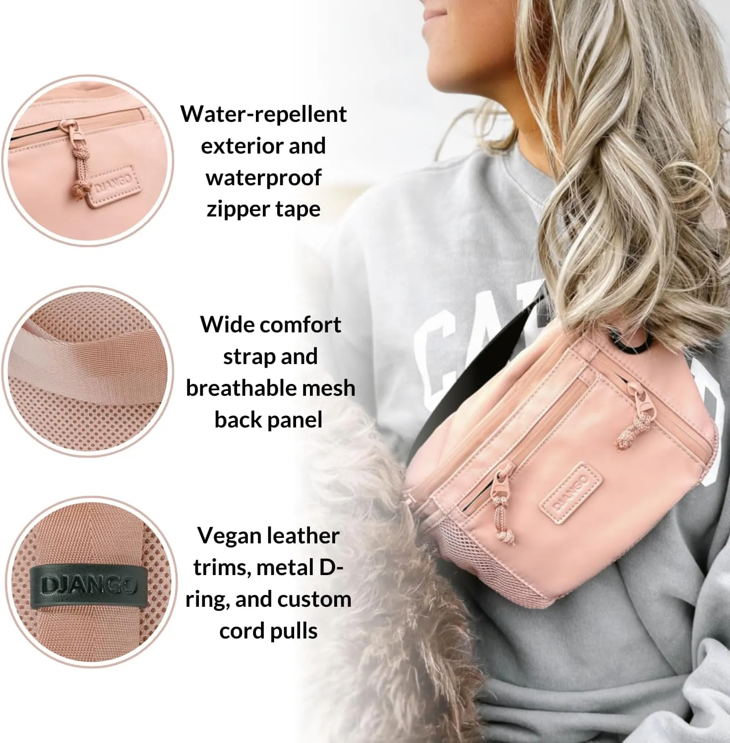 DJANGO Nolita Belt Bag - Modern Crossbody Bag for Women - Dog Walking Crossbody Fanny Pack for Women and Dog Parents with Multiple Compartments - Crossbody Travel Bag with Adjustable Strap (Sand Pink)