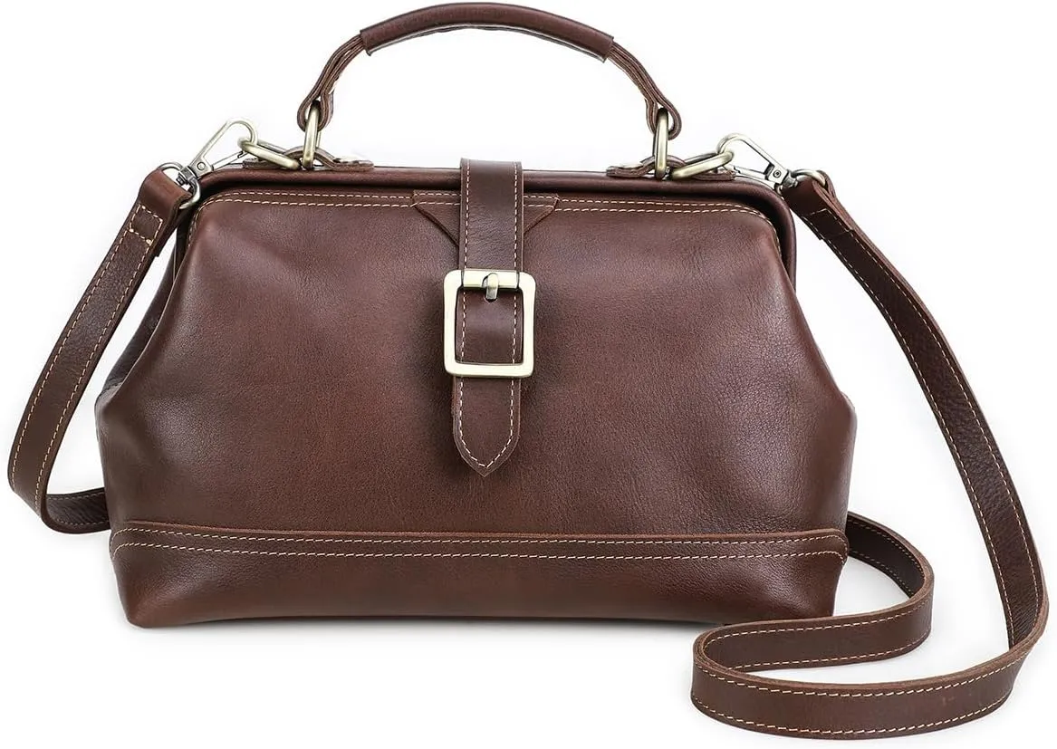 Doctor Bag for Women Full Grain Leather Top Handle Purse Satchel Handbag Shoulder Bag Vintage Tote Bag with Metal Clasp Frame Opening