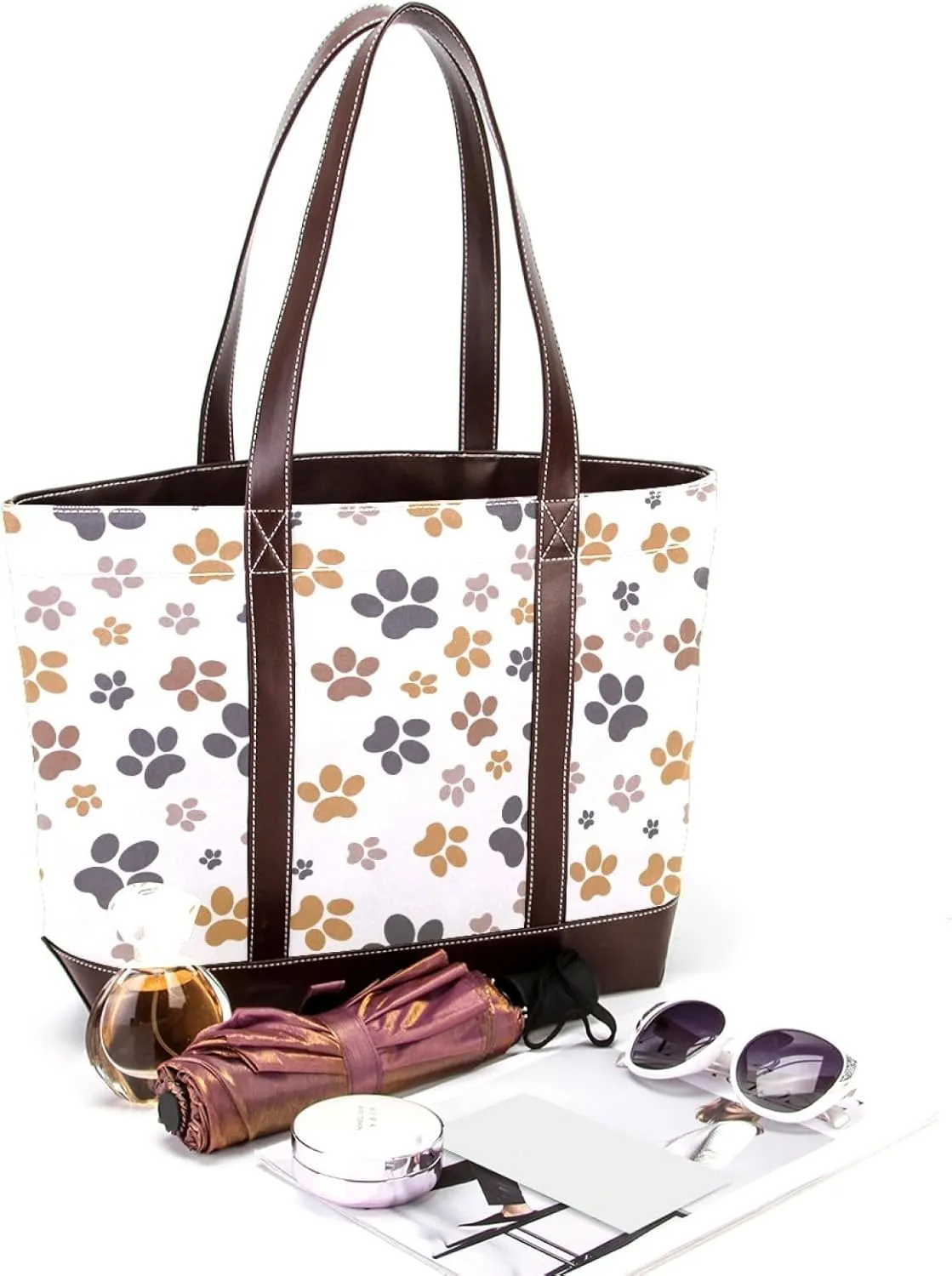 Dog Puppy Paw Fashion Leather Purse Bag for Women Top Handle Ladies Shoulder Bags with Pockets Zipper