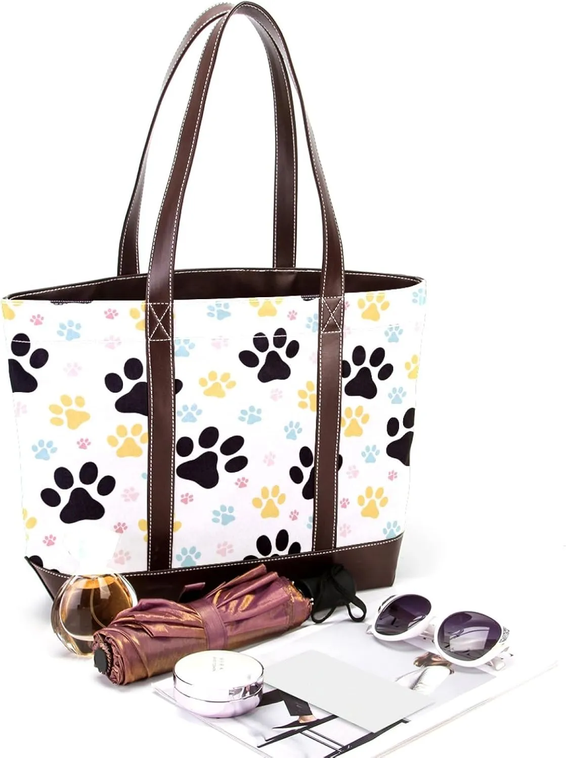 Dog Puppy Paw Fashion Leather Purse Bag for Women Top Handle Ladies Shoulder Bags with Pockets Zipper