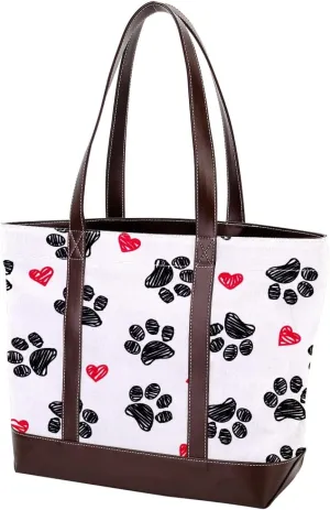 Dog Puppy Paw Tote Bags Durable Leather Canvas Purses and Handbags for Women