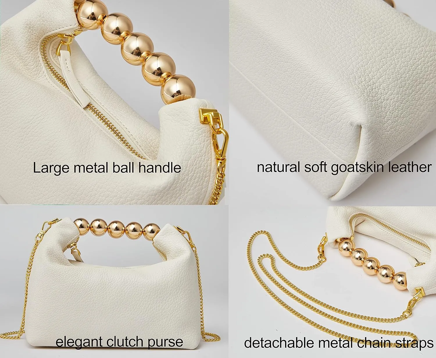 DORIS&JACKY Small Top Handle Clutch Bag Women Designer Goatskin Crossbody Purse With Pearl Handle And Detachable Metal Chain