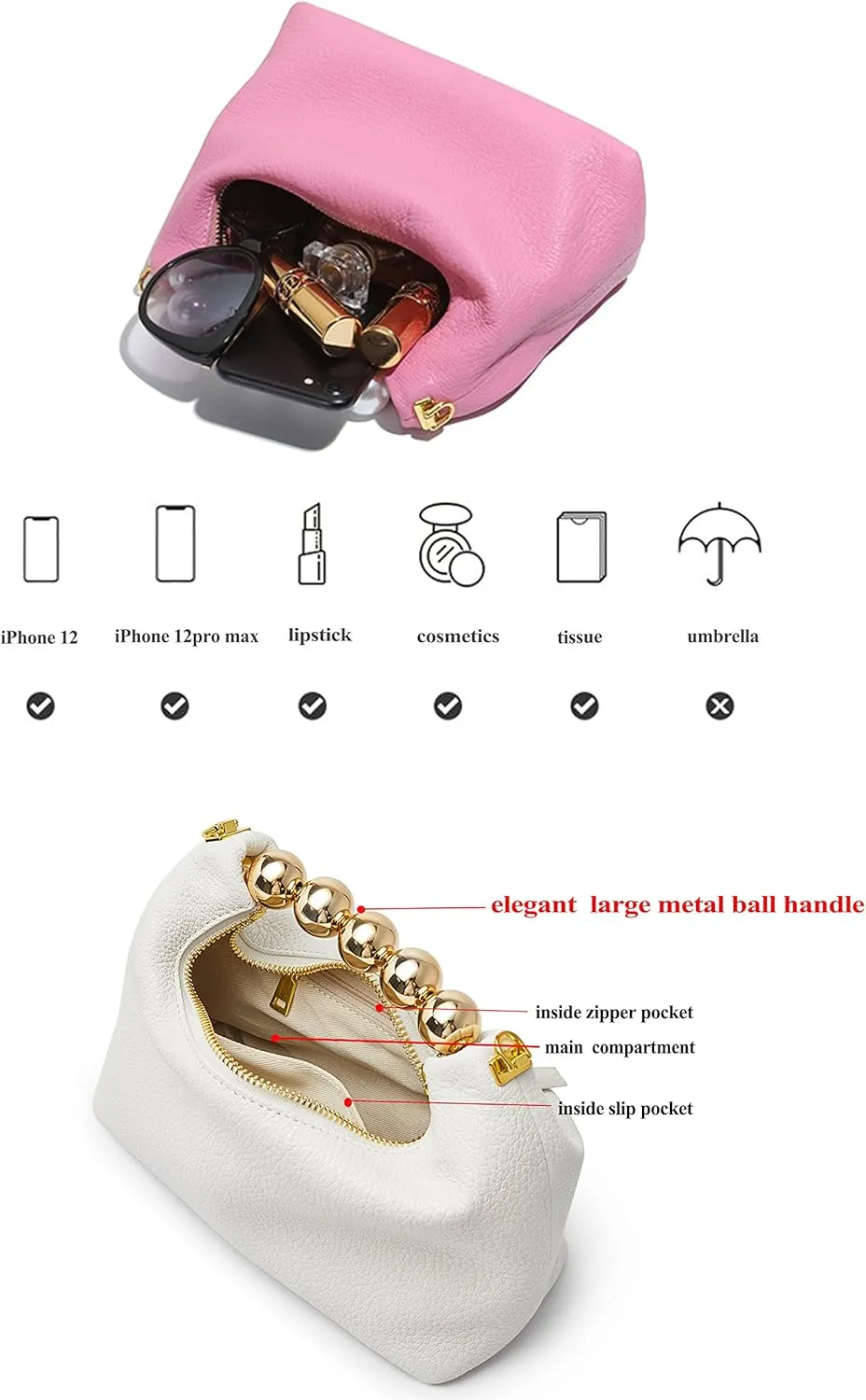 DORIS&JACKY Small Top Handle Clutch Bag Women Designer Goatskin Crossbody Purse With Pearl Handle And Detachable Metal Chain